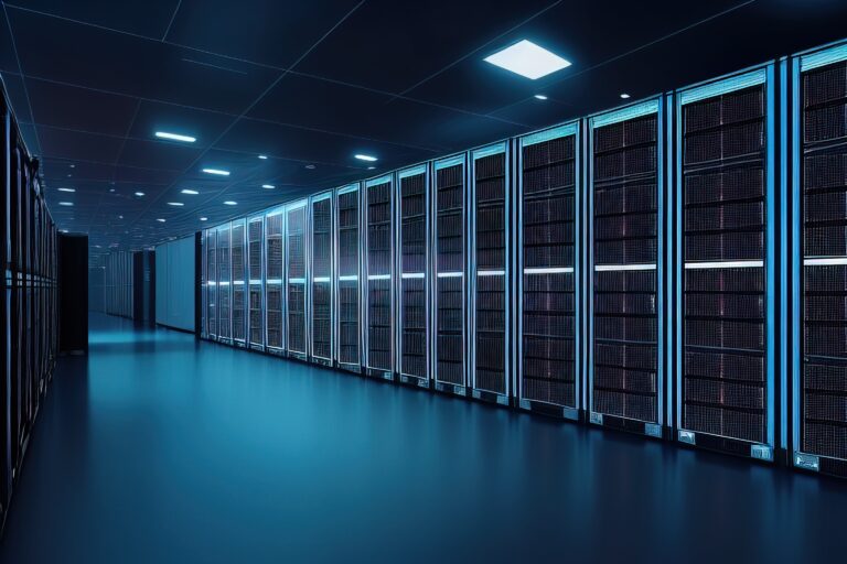 Server racks in computer network security server room data center. 3D render dark blue. Generative AI